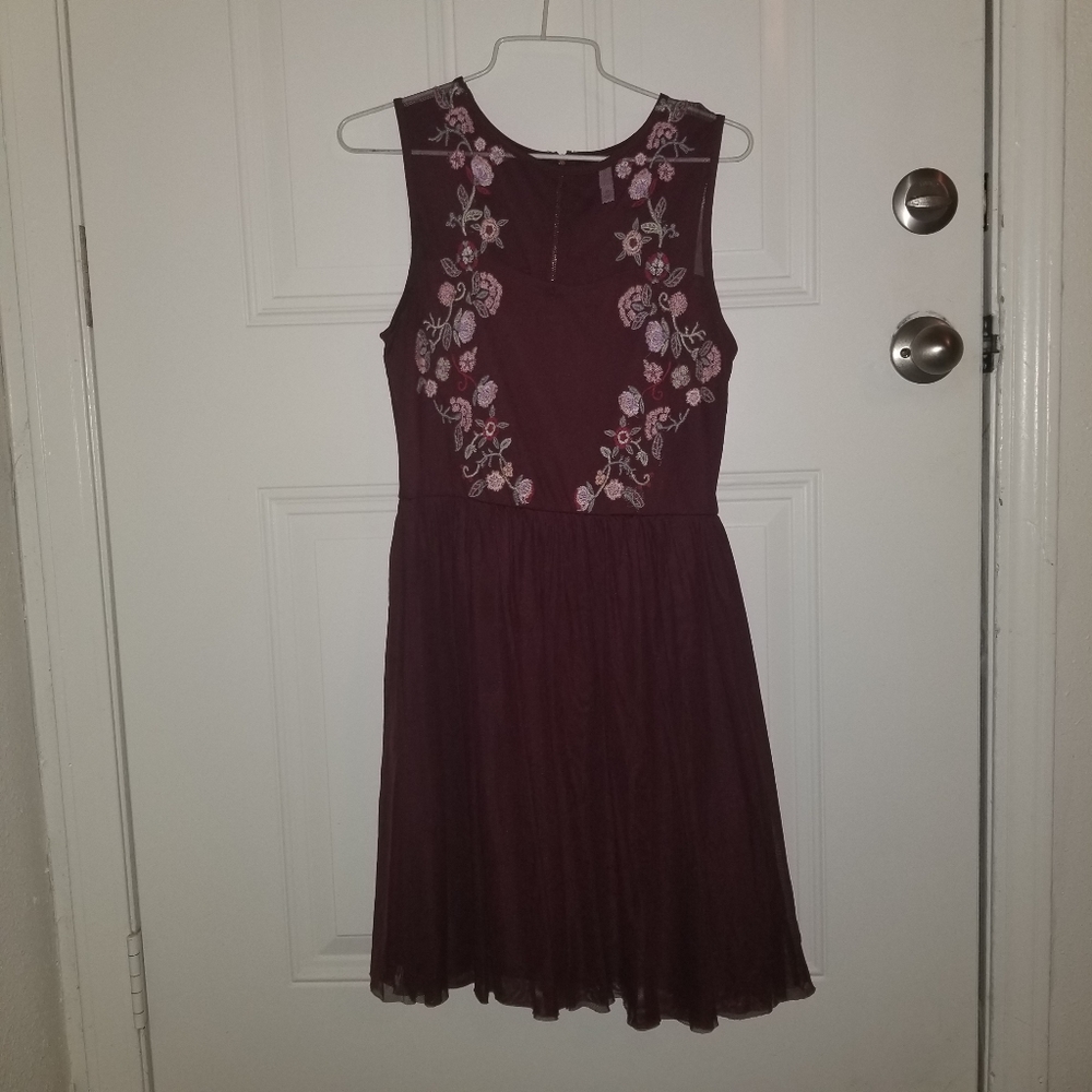 Burgundy Mesh and Embroidery Dress